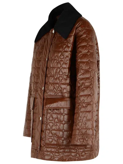 Ganni Quilted Coat With Contrasting Collar In Brown