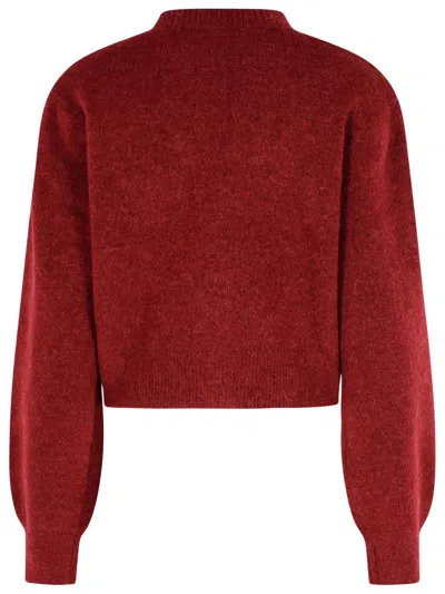 Rotate Birger Christensen Rotate Cropped Burgundy Sweater With Deep V-neckline And Floral Embellishment In Burgundy