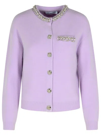 Self-portrait Lilac Crystal Trim Knit Cardigan In Purple