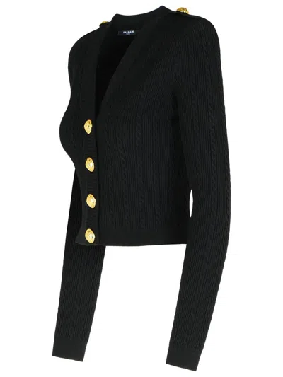 Balmain Structured Shoulder Black V-neck Cardigan With Decorative Buttons In Black