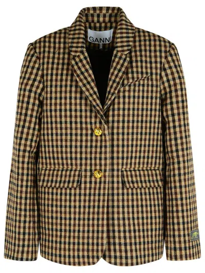 Ganni Check Wool Mix Oversized Blazer Jackets Brown In Brown