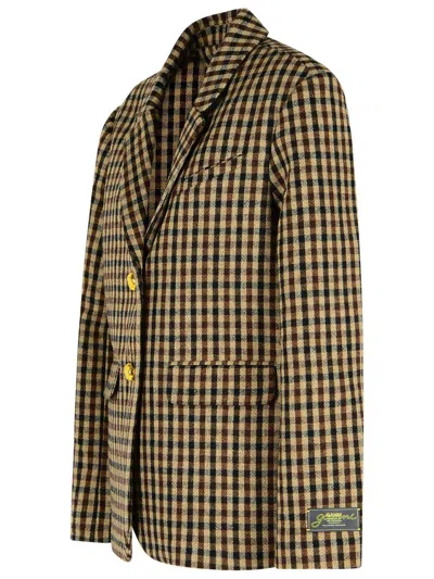 Ganni Check Wool Mix Oversized Blazer Jackets Brown In Brown