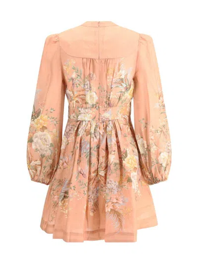 Zimmermann Tallow Pleated Floral-print Linen Mini Dress In Pink