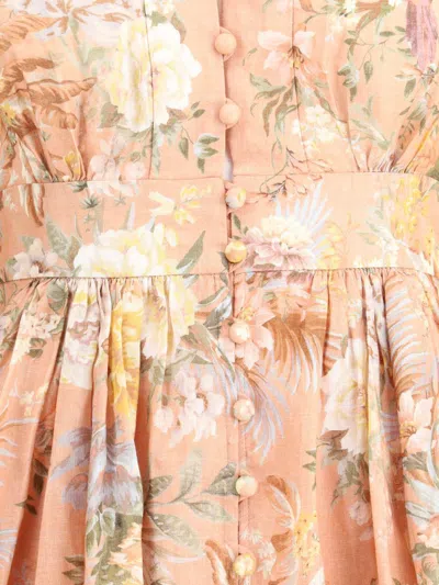 Zimmermann Tallow Pleated Floral-print Linen Mini Dress In Pink