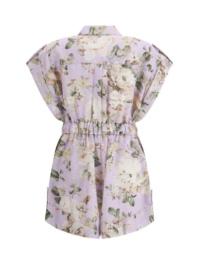 Zimmermann Floral Print Linen Playsuit With Belted Waist And Short Sleeves In Pink