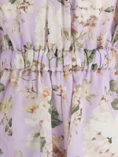 Zimmermann Floral Print Linen Playsuit With Belted Waist And Short Sleeves In Pink