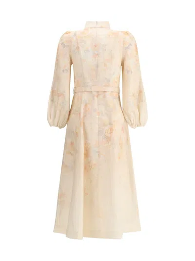 Zimmermann Crush Multicolor Midi Dress With Puffed Sleeves And Adjustable And Removable Belt In Linen Woman In Neutral