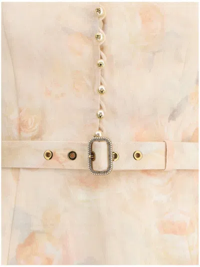 Zimmermann Crush Multicolor Midi Dress With Puffed Sleeves And Adjustable And Removable Belt In Linen Woman In Neutral