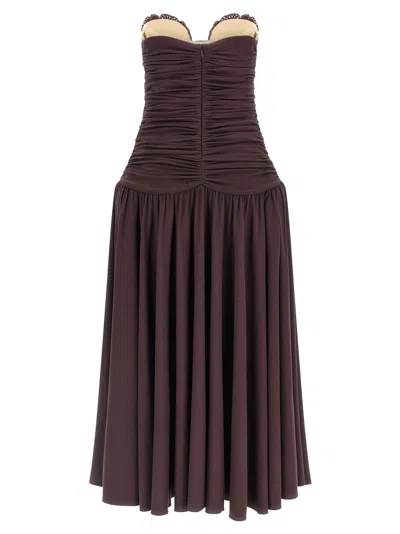 Magda Butrym Flared Skirt Lace Trim Ruched Dress In Brown