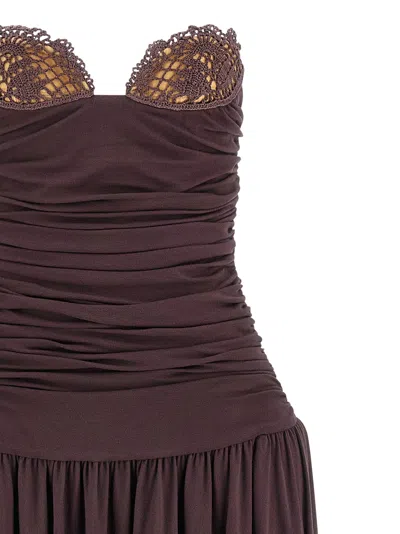 Magda Butrym Flared Skirt Lace Trim Ruched Dress In Brown