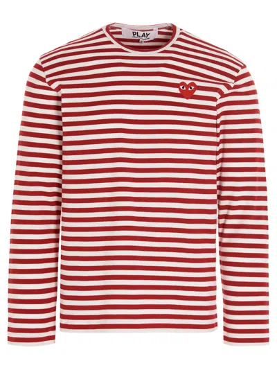 Comme Des Garçons Play Striped Logo Patch Long Sleeve T-shirt In Red