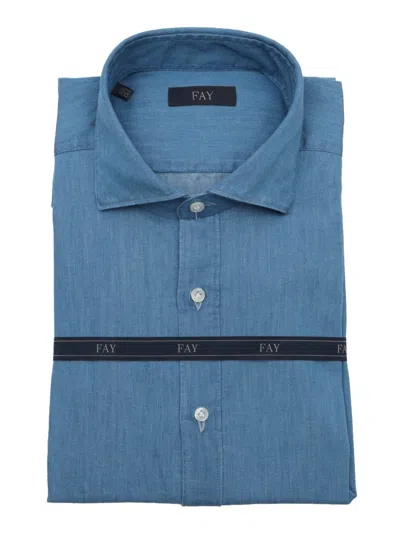 Fay French Collar Blue Cotton Shirt In Blue