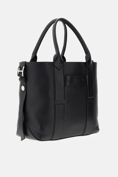 Hogan Script Medium Leather Tote Bag In Black