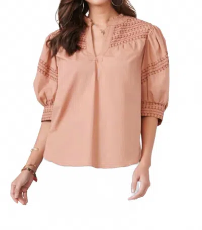 Democracy Elbow Puff Sleeve With Cuff Band Embroidered Woven Top In Sienna Clay In Orange