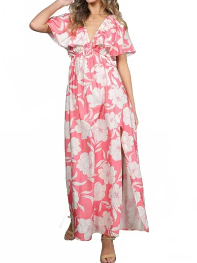 Vine & Love Floral Flutter Sleeve Slit Detail Maxi Dress In Coral In Pink