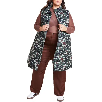 Nina Parker Trendy Plus Size Plus Size Camo Maxi Puffer Vest In Green