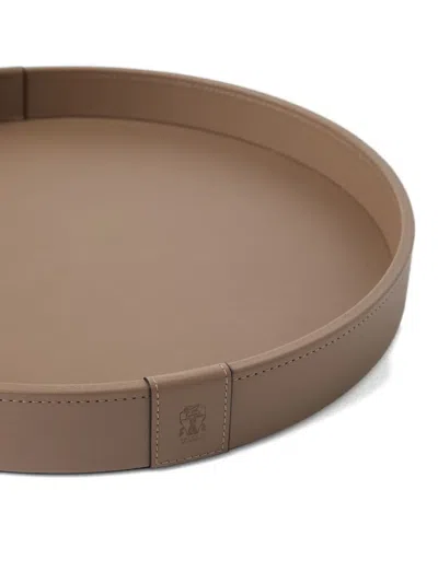 Brunello Cucinelli Leather-covered Wooden Tray In Brown