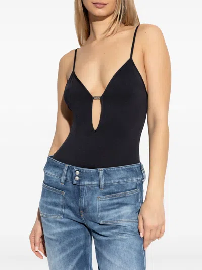 Diesel Logo Jewel Plunge Bodysuit In Black