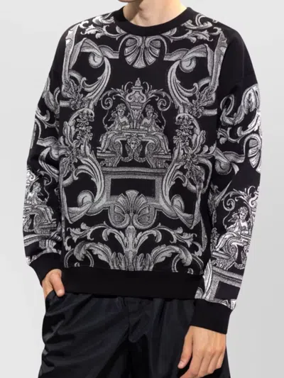Versace Baroque Crew Neck Sweaters In Black