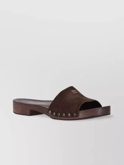 Miu Miu Suede Stud Flat Sandals In Brown