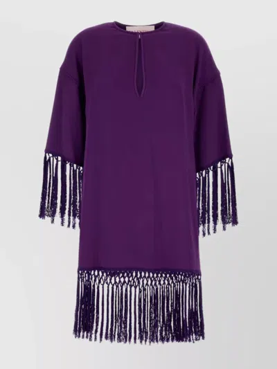 Valentino Fringed Keyhole Neckline Mid-length Sleeves Dress In Purple