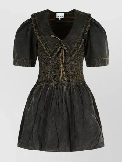 Ganni Cotton Dress With Puff Sleeves And Ruffled Collar In Green