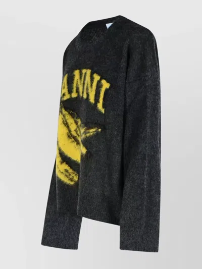 Ganni Jersey With Banana And Logo In Black