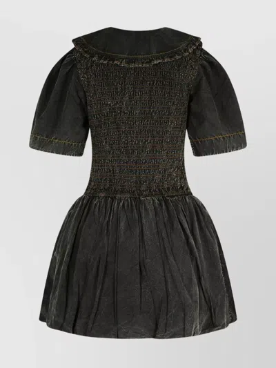 Ganni Cotton Dress With Puff Sleeves And Ruffled Collar In Green