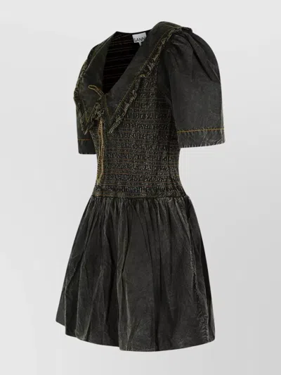 Ganni Cotton Dress With Puff Sleeves And Ruffled Collar In Green