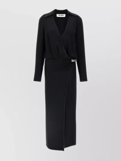 Attico V-neck Slit Midi Dress With Satin Piping In Black