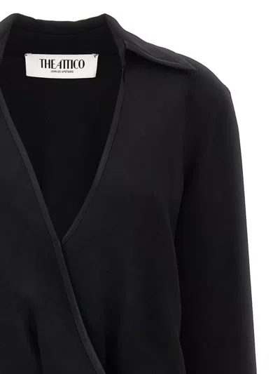 Attico V-neck Slit Midi Dress With Satin Piping In Black