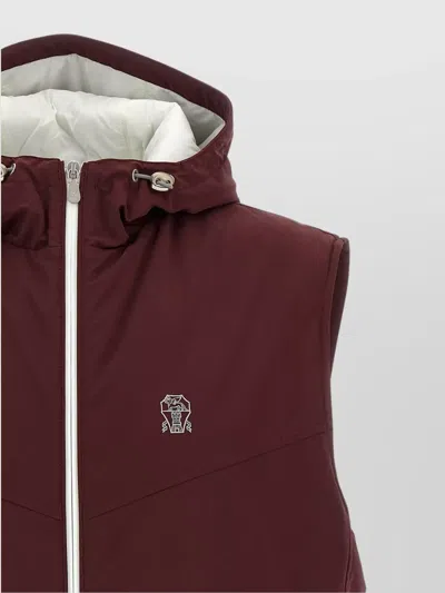 Brunello Cucinelli Hooded Vest With Elastic Hem And Side Zipper Pockets In Burgundy