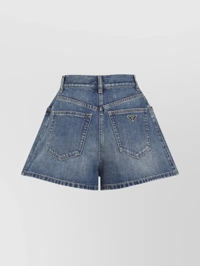 Prada Cotton High Waist Shorts In Blue
