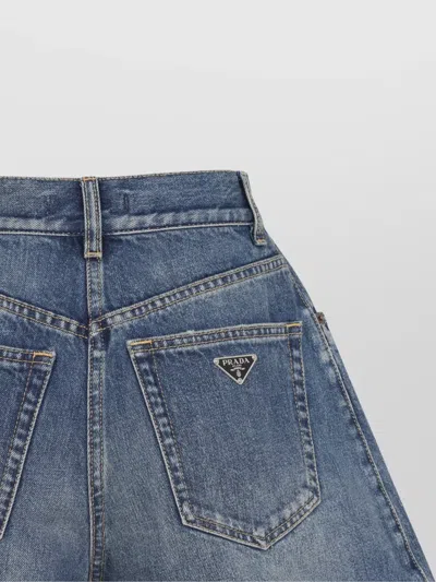 Prada Cotton High Waist Shorts In Blue
