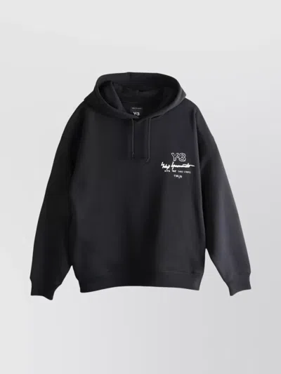 Y-3 Graphic-print Black Cotton Hoodie With Drawstring Hood In Black