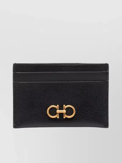 Ferragamo Black Card-holder With Gancini Detail In Hammered Leather Woman