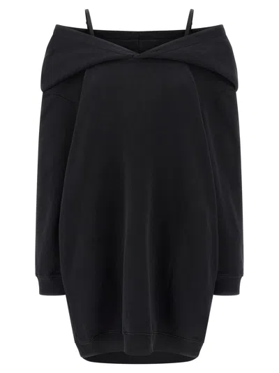 Mm6 Maison Margiela Mm6 By Maison Margiela Off-shoulder Black Sweatshirt Dress With Cozy Hood In Black