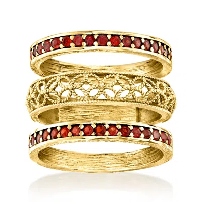 Ross-simons Garnet And Scrollwork Jewelry Set: 3 Rings In 18kt Gold Over Sterling
