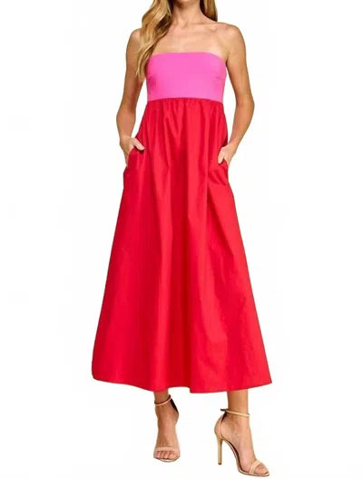 Tcec Strapless Empire Color Block Midi Dress In Magenta In Red