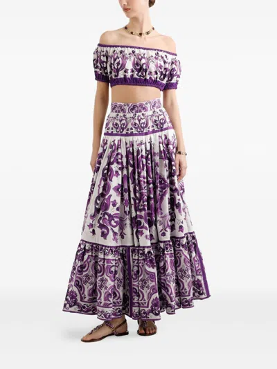Dolce & Gabbana Violet Off-shoulder Cropped Top With All-over Floral Print In Cotton Woman In Purple