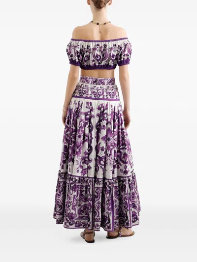 Dolce & Gabbana Violet Off-shoulder Cropped Top With All-over Floral Print In Cotton Woman In Purple