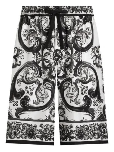 Dolce & Gabbana Maiolica Black And White Shorts With Elastic Drawstring Closure And All-over Print In Silk Man In Black