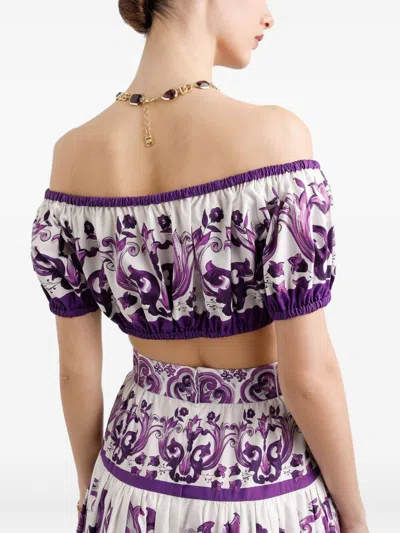 Dolce & Gabbana Violet Off-shoulder Cropped Top With All-over Floral Print In Cotton Woman In Purple