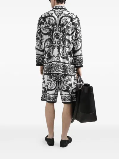 Dolce & Gabbana Maiolica Black And White Shorts With Elastic Drawstring Closure And All-over Print In Silk Man In Black