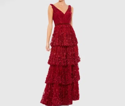 Mac Duggal Floral Applique Ruffled Tiered Sleeveless V Neck Gown In Red