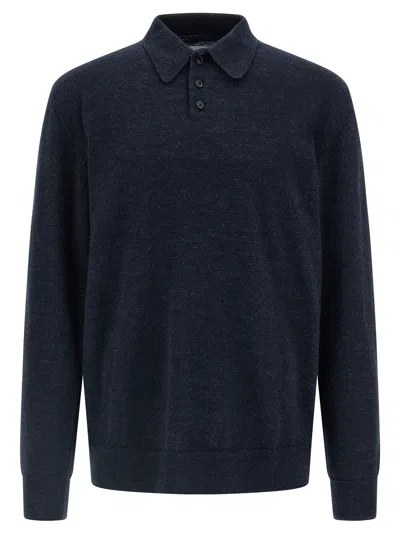 Maison Margiela Knitwear With Buttoned Collar And Elbow Patches In Blue