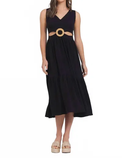 Vintage Havana Linen Maxi Dress With Wooden O-ring In Black In Black