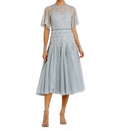 Mac Duggal Cape Sleeve Beaded Tea Length Aline Gown In Powder Blue