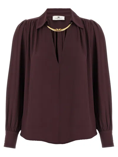 Elisabetta Franchi Jewel Detailed Georgette Blouse In Brown