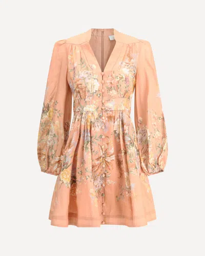 Zimmermann Tallow Pleated Floral-print Linen Mini Dress In Pink